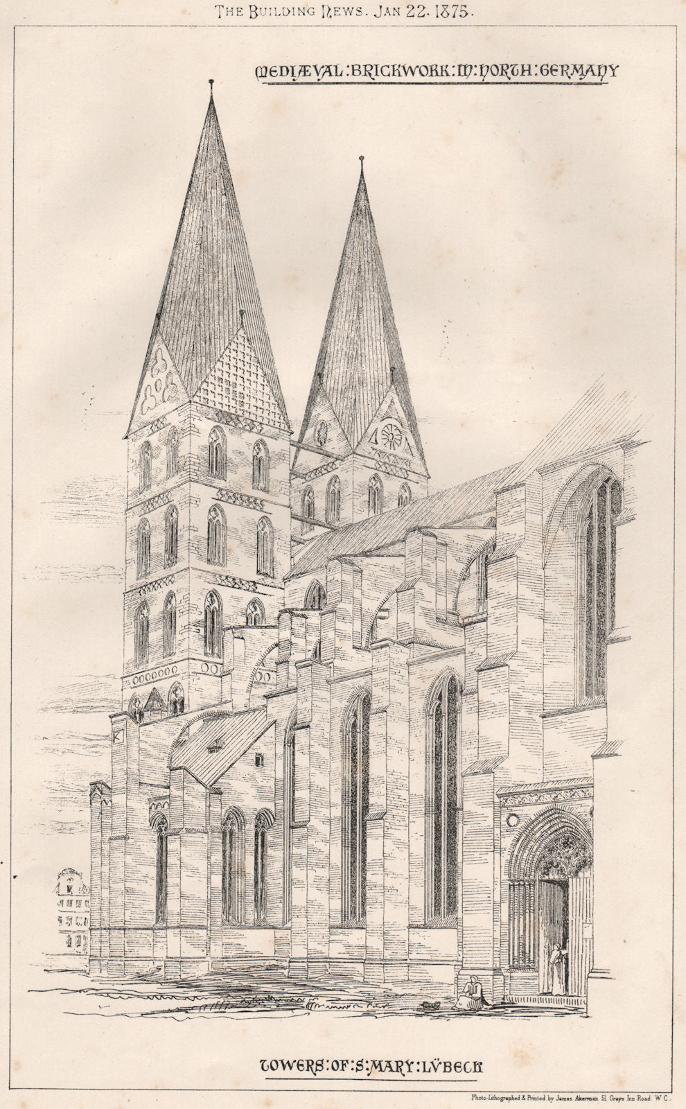 Mediaeval brickwork M. north Germany; towers of St. Mary Lübeck 1875 old print